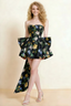 April Black Floral Satin Strapless Lace-up Mini Dress with Bow