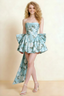 April Blue Floral Satin Strapless Lace-up Mini Dress with Bow