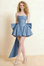 April Dusty Blue Satin Strapless Lace-up Mini Dress with Bow