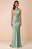 Front view of the LVLVS Astrid agave green satin maxi dress, showing the high halter neckline and flowing floor-length skirt.