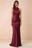 Front view of the Astrid burgundy satin maxi dress, highlighting the high halter neckline and floor-length silhouette.