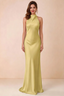 Front view of the Astrid canary satin maxi dress, highlighting the high halter neckline and floor-length silhouette.