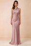 Front view of Astrid dusty rose satin halter maxi dress, showing the neckline and skirt.