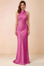 Front view of Astrid fuchsia satin halter maxi dress, showing the neckline and skirt.