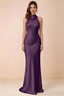 Front view of Astrid grape satin halter maxi dress, showing the neckline and skirt.