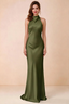Front view of Astrid olive satin halter maxi dress, showing the neckline and skirt.