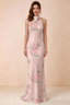 Front view of Astrid pink floral halter maxi dress, showing the halter neckline.
