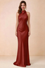 Front view of Astrid pomegranate satin halter maxi dress, showing the neckline and skirt.