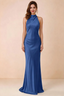 Front view of Astrid royal blue satin halter maxi dress, showing the neckline and skirt.