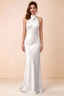 Front view of Astrid white satin halter maxi dress, showing the neckline and skirt.
