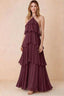 Front view of Audrey cabernet chiffon maxi dress with crossed halter straps and cascading tiered ruffles