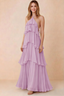 Front view of Audrey candy chiffon maxi dress with crossed halter straps and cascading tiered ruffles
