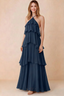 Front view of Audrey navy chiffon maxi dress with crossed halter straps and cascading tiered ruffles