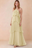 Front view of Audrey lemon chiffon maxi dress with crossed halter straps and cascading tiered ruffles