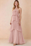 Front view of Audrey powder pink chiffon maxi dress with crossed halter straps and cascading tiered ruffles