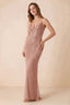 Front view of the Augusta dusty pink beaded mermaid maxi dress with a V-neckline and thin shoulder straps.