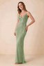 Front view of the Augusta light green beaded mermaid maxi dress with a V-neckline and thin shoulder straps.