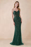 Front view of Aurelia dark green sequin maxi dress with a sweetheart corset bodice and flared mermaid hem