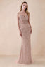 Front view of Aurelia light pink sequin maxi dress with a sweetheart corset bodice and flared mermaid hem
