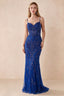 Front view of Aurelia royal blue sequin maxi dress with a sweetheart corset bodice and flared mermaid hem