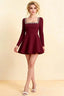 Aurora Burgundy Long Sleeve Square Neck Mini Dress with Rhinestones