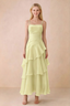 Front view of Ava lemon chiffon maxi dress with thin straps, a fitted bodice and cascading ruffle tiers