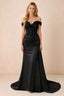 Front view of Beatrix black off-shoulder satin maxi dress with a sweetheart bodice and ruched hip drape