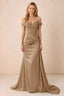Front view of Beatrix champagne off-shoulder satin maxi dress with a sweetheart bodice and ruched hip drape