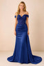 Front view of Beatrix navy off-shoulder satin maxi dress with a sweetheart bodice and ruched hip drape