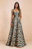 Front studio view of Becky brown leopard satin maxi dress showing the square neckline, pleated bodice and full A-line skirt
