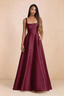 Front studio view of Becky burgundy satin maxi dress showing the square neckline, pleated bodice and full A-line skirt