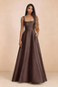 Front studio view of Becky chocolate satin maxi dress showing the square neckline, pleated bodice and full A-line skirt