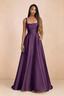 Front studio view of Becky grape satin maxi dress showing the square neckline, pleated bodice and full A-line skirt