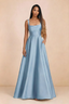 Front studio view of Becky haze blue satin maxi dress showing the square neckline, pleated bodice and full A-line skirt
