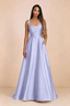 Front studio view of Becky lavender satin maxi dress showing the square neckline, pleated bodice and full A-line skirt