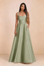 Front studio view of Becky light green satin maxi dress showing the square neckline, pleated bodice and full A-line skirt
