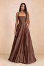 Front studio view of Becky mocha satin maxi dress showing the square neckline, pleated bodice and full A-line skirt