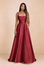 Front studio view of Becky red satin maxi dress showing the square neckline, pleated bodice and full A-line skirt