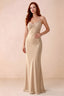 Front studio view of Blanche champagne satin beaded maxi dress showing the sweetheart bodice and mermaid skirt