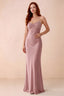 Front studio view of Blanche dusty pink satin beaded maxi dress showing the sweetheart bodice and mermaid skirt