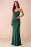 Front studio view of Blanche emerald green satin beaded maxi dress showing the sweetheart bodice and mermaid skirt