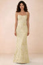 Front studio view of Belinda lemon 3D flower mermaid maxi dress with a straight neckline and thin straps