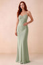 Front studio view of Blanche light green satin beaded maxi dress showing the sweetheart bodice and mermaid skirt