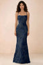 Front studio view of Belinda navy 3D flower mermaid maxi dress with a straight neckline and thin straps