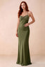 Front studio view of Blanche olive green satin beaded maxi dress showing the sweetheart bodice and mermaid skirt