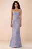 Front studio view of Belinda pale purple 3D flower mermaid maxi dress with a straight neckline and thin straps