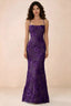 Front studio view of Belinda plum 3D flower mermaid maxi dress with a straight neckline and thin straps