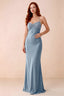 Front studio view of Blanche powder blue satin beaded maxi dress showing the sweetheart bodice and mermaid skirt