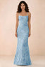 Front studio view of Belinda sky blue 3D flower mermaid maxi dress with a straight neckline and thin straps