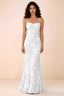 Front studio view of Belinda white 3D flower mermaid maxi dress with a straight neckline and thin straps